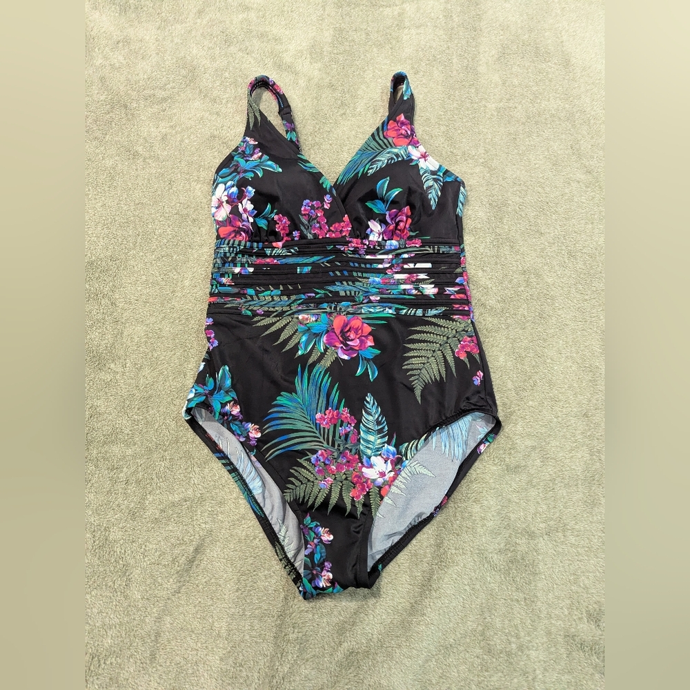 NWT Aqua Green One Piece Floral Bathing Suit Women's Size L Tropical Beach Pool